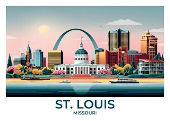 St. Louis Skyline, Missouri Flat Retro Poster illustration, Landscape Travel Wall Art, Vintage High quality prints