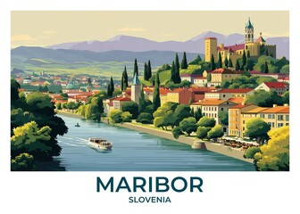 Maribor, Slovenia Flat Retro Poster illustration, Landscape Travel Wall Art, Vintage High quality prints