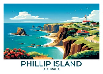 Phillip Island, Australia Flat Retro Poster illustration, Landscape Travel Wall Art, Vintage High quality prints