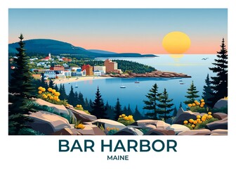 Bar Harbor, Maine Flat Retro Poster illustration, Landscape Travel Wall Art, Vintage High quality prints