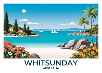 Whitsunday, Australia Flat Retro Poster illustration, Landscape Travel Wall Art, Vintage High quality prints