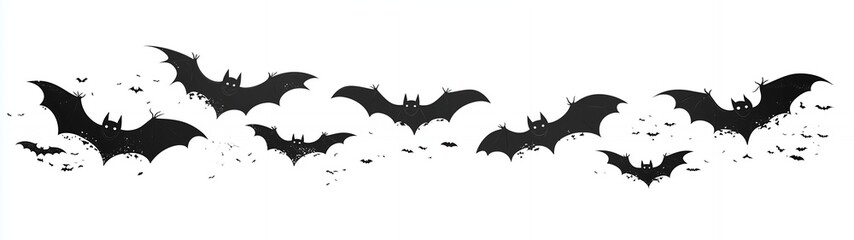 Fototapeta premium Flying flock of bats, transparent background vector clipart, flat design style, ideal for Halloween theme design, poster, web element PNG.