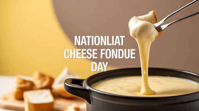 Cheese fondue being dipped with bread, celebrating National Cheese Fondue Day