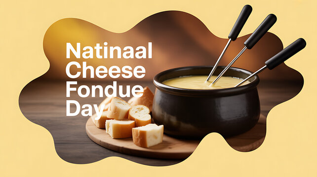 National Cheese Fondue Day celebration with a pot of melted cheese, bread cubes, and fondue forks on a wooden board