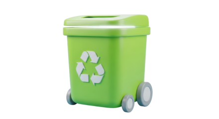 Bright green recycling bin with white recycle symbol isolated on a transparent background green bin
