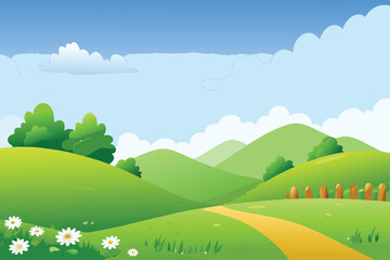 Fototapeta premium A serene landscape illustration featuring green hills path and blue sky