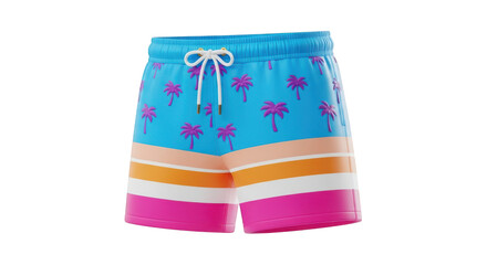 Blue Swim Shorts with Purple Palm Tree Pattern and Striped Hem isolated on a transparent background