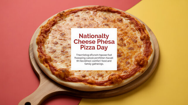 Cheese pizza on wooden board with text overlay celebrating National Cheese Pizza Day
