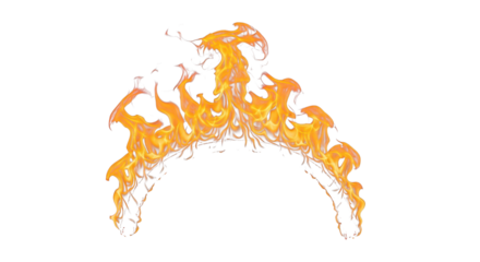 Bright orange fire flames forming an arch shape isolated on a transparent background heat burning