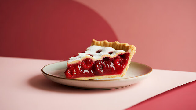A slice of cherry pie with lattice crust on a white plate against a pink background