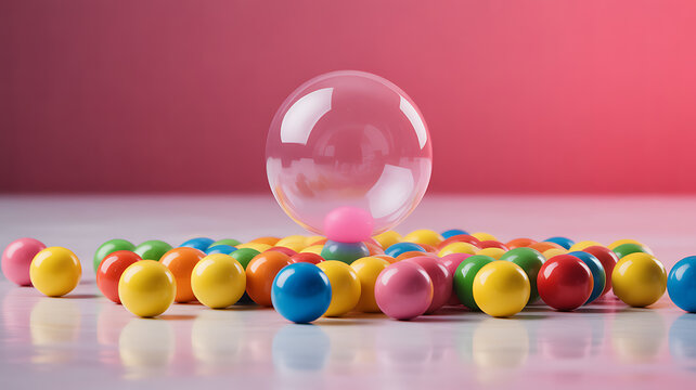 Colorful candy balls arranged on a reflective surface with a transparent sphere in the foreground against a pink background