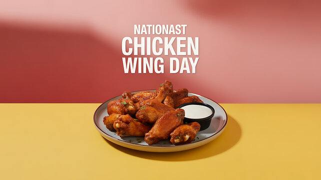 A plate of cooked chicken wings with dipping sauce on a yellow surface, celebrating National Chicken Wing Day