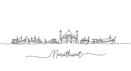 Obraz premium Narathiwat Skyline with Boats and Mosque One Line Drawing