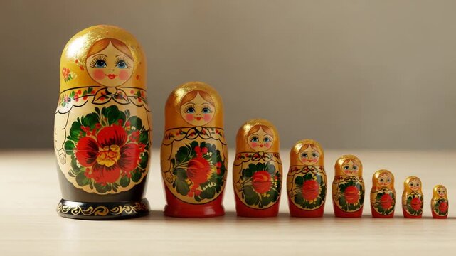 Colorful Russian Matryoshka Dolls in a Row Display