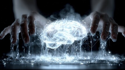 Hands touching glowing holographic brain with neon data lines in futuristic AI dashboard style on cinematic dark background.