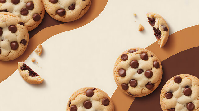Chocolate chip cookies arranged on a patterned background with broken pieces and crumbs