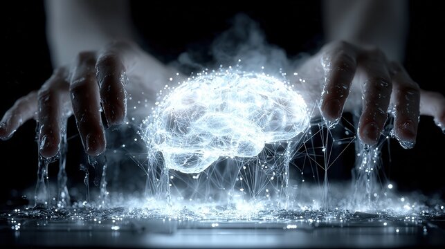 Hands touching glowing holographic brain with neon data lines in futuristic AI dashboard style on cinematic dark background.