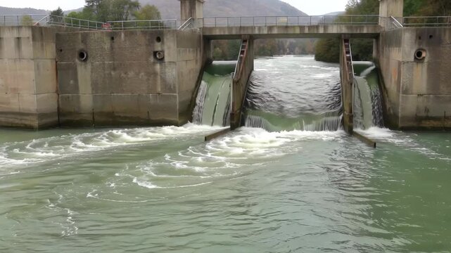 there is a large dam with a small waterfall coming out of it
