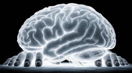 Hands touching glowing holographic brain with neon data lines in futuristic AI dashboard style on cinematic dark background.