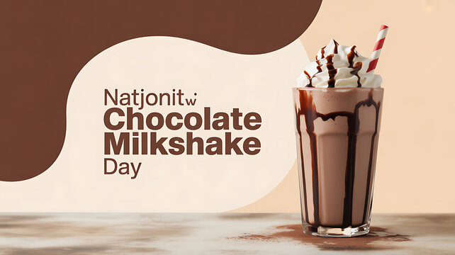 Chocolate milkshake with whipped cream and chocolate drizzle served in a glass with a striped straw, celebrating National Chocolate Milkshake Day