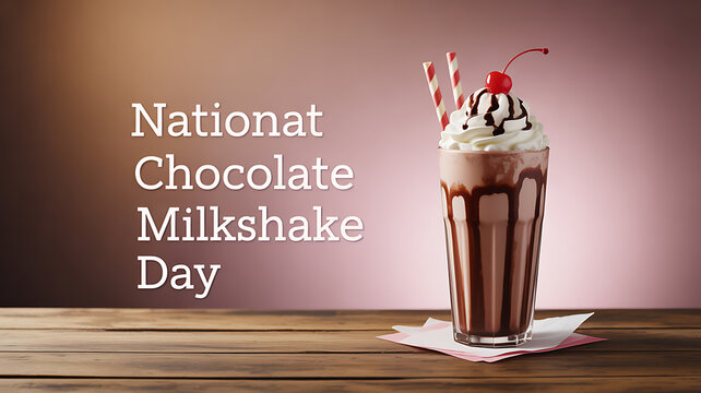 A chocolate milkshake topped with whipped cream, chocolate syrup, and a cherry is served in a glass with striped straws on a wooden table, celebrating National Chocolate Milkshake Day.