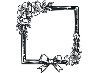 Ornate square frame with floral accents and ribbon. Vector hand drawn illustration