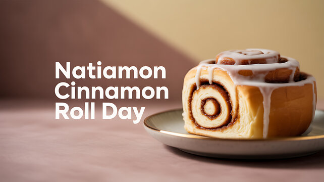 A cinnamon roll with white icing on a plate, celebrating a themed day