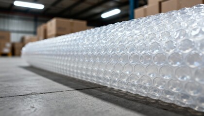Bubble Wrap Roll: A close-up shot captures the textured surface of a transparent bubble wrap roll, suggesting protection and packaging.