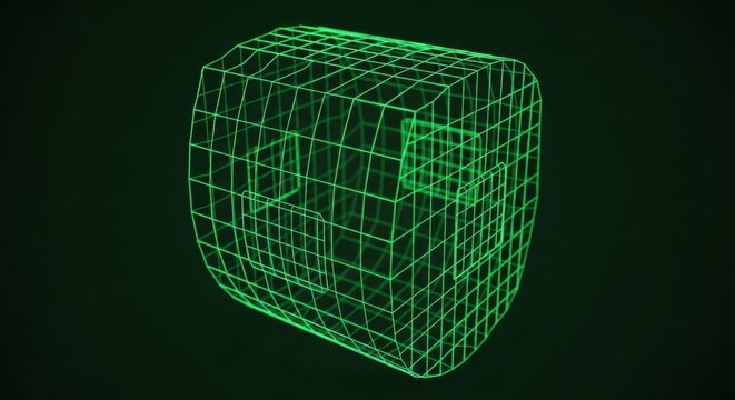 Abstract neon green wireframe geometric structure of a house with window openings