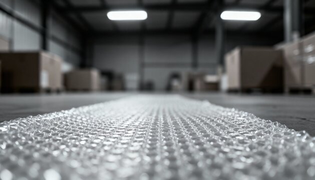 Bubble Wrap Pathway in Warehouse: A close-up perspective reveals a continuous path of bubble wrap laid out on a warehouse floor.