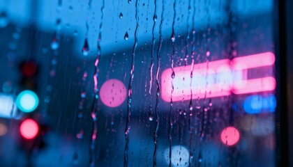 Obraz premium Rainy City Window: A close-up view through a rain-streaked window reveals a blurred, vibrant cityscape at dusk.