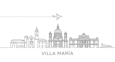 Fototapeta premium Villa Maria Skyline with Airplane and Boat Vector Art