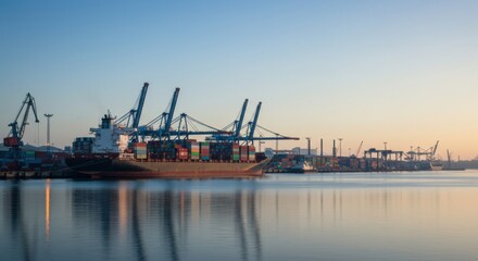 Obraz premium Shipping operations at sunrise container ships docked in port industrial environment serene reflection aerial