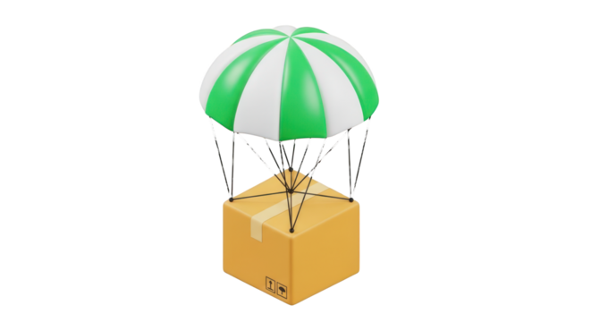 Cardboard box with green and white parachute descending isolated on a transparent background