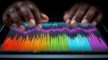 Businessman hands using transparent holographic tablet with floating stock charts glowing arrows and futuristic financial data visualization.