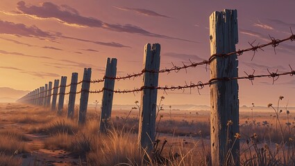 Rural Barbed Wire Fence at Sunset, Countryside Landscape