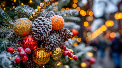 Decorated Christmas tree with colorful ornaments and snow in a festive winter market setting