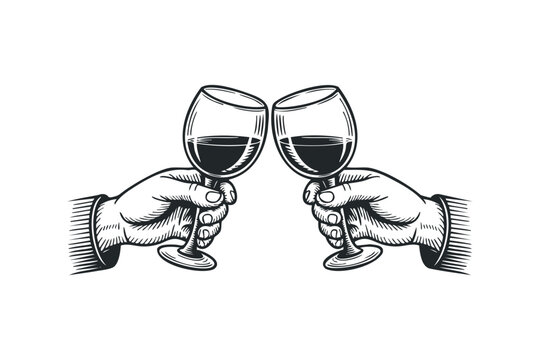 Two hands clinking wine glasses filled with red wine. Vector hand drawn illustration