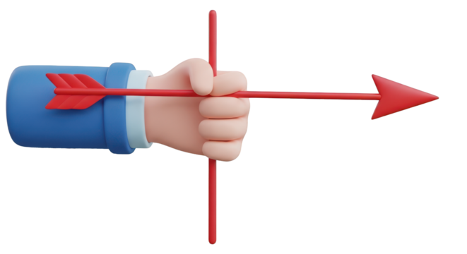 Cartoon hand drawing bow with red arrow aiming forward isolated on a transparent background
