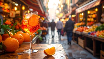 Refreshing orange cocktail sits on a table in a bustling marketplace