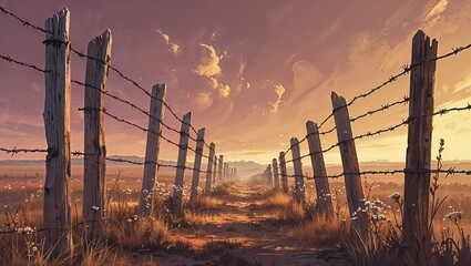 Barbed Wire Fence at Sunset: Rural Path Through Farm Field