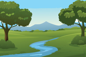 Obraz premium Scenic landscape with lush green fields a winding stream and distant mountains