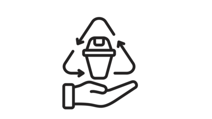 A line art icon of a hand holding a disposable coffee cup within a recycling symbol, representing environmental responsibility.