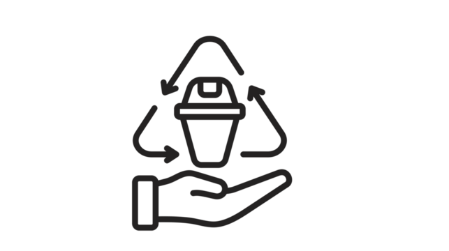 A line art icon of a hand holding a disposable coffee cup within a recycling symbol, representing environmental responsibility.