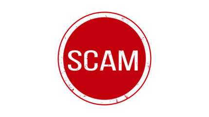 Create a detailed description (6-180 characters) without keyword lists.     *   "Red circular grunge stamp with the word SCAM in white letters on a white bac...