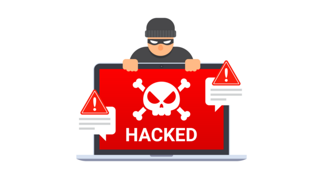 A hacker wearing a mask and hat peeks over a laptop screen displaying a skull and crossbones symbol and the word "HACKED" with warning signs.