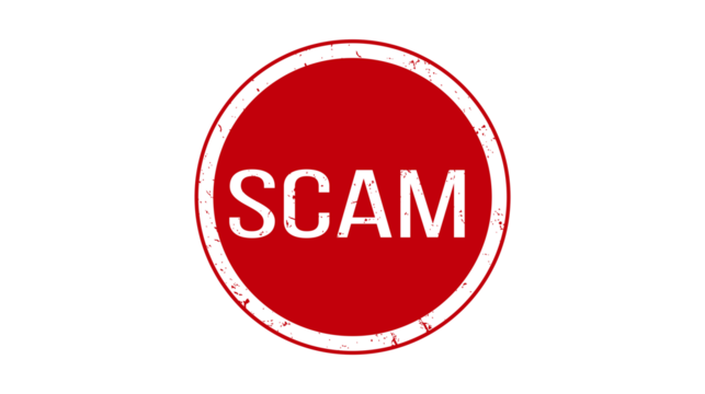 Create a detailed description (6-180 characters) without keyword lists.     *   "Red circular grunge stamp with the word SCAM in white letters on a white bac...