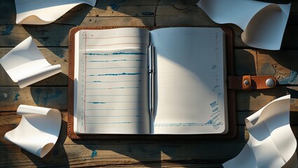 Open notebook with blank pages, a pen, and scattered sheets of paper on rustic wooden table