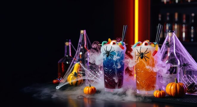 Colorful Halloween cocktails create a spooky bar atmosphere for a festive party night