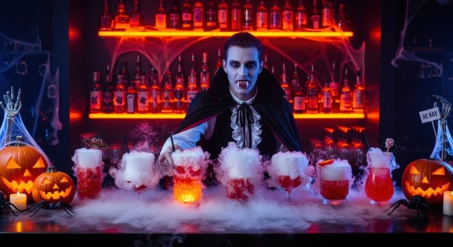 Spooky cocktails on display at a Halloween party bar featuring eerie drinks and festive decorations